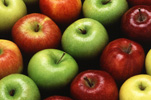 dark red, light red, green, and yellow apples