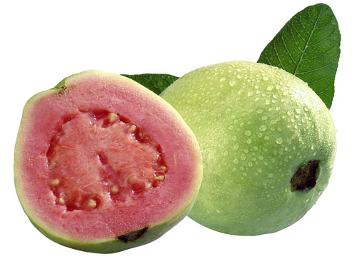 one whole guava and one half guava and two leaves