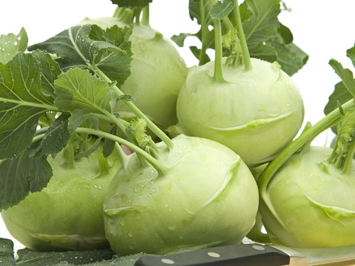 five raw kohlrabi roots with leafy tops