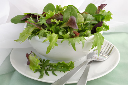 assorted lettuce greens in a white  bowl on a saucer