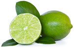 whole lime, half lime and three lime leaves