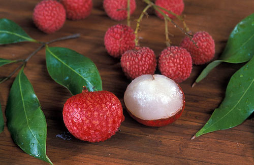 nine lychees in their husks and one partly peeled lychee