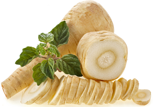 one whole parsnip root, one segment and several slices