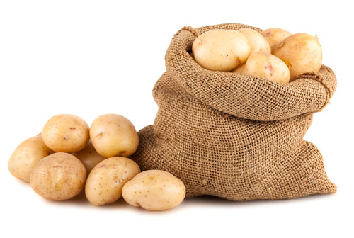 pile of potatoes next to a burlap sack full of potatoes